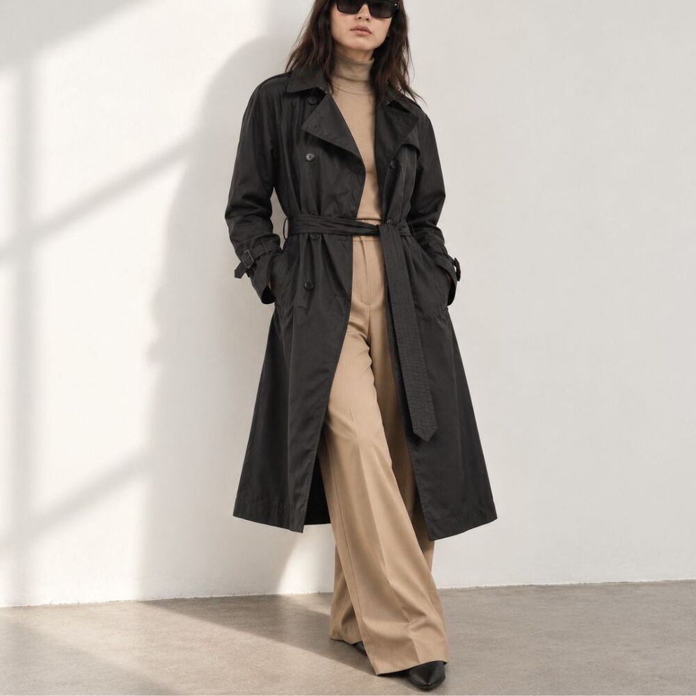 NWOT Babaton Aritzia Trench Coat Large Black Belted Double Breasted Long Jacket